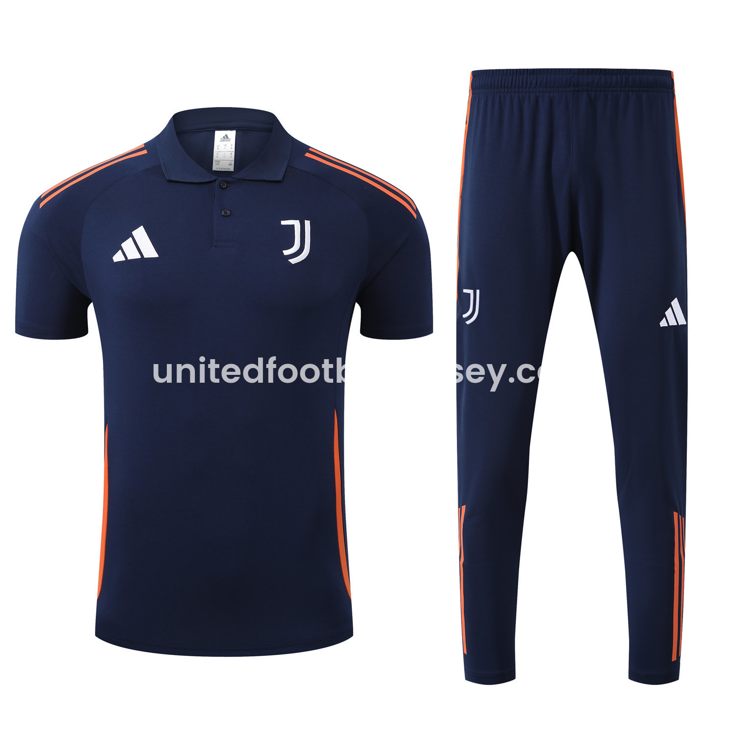 unitedfutballjersey-Juventus 25-26 POLO Short-Sleeve Training Set - Deep Blue Top and Pants with Orange Stripes