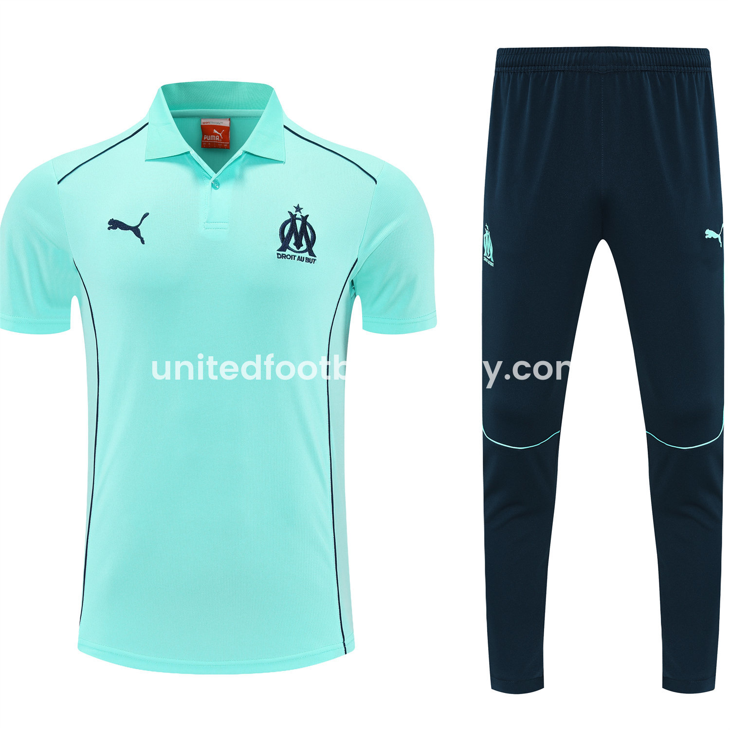 unitedfutballjersey-Marseille 25-26 POLO Short-Sleeve Training Set - Cyan Top and Deep Blue Pants