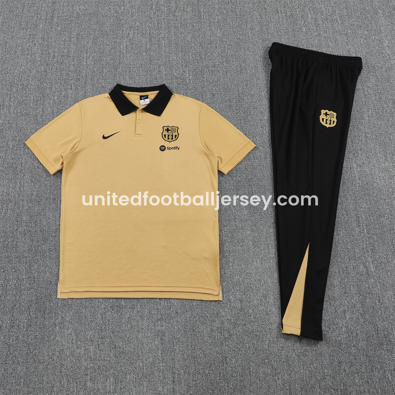 unitedfutballjersey-Barcelona 25-26 POLO Short-Sleeve Training Set - Light Brown Top and Black Pants