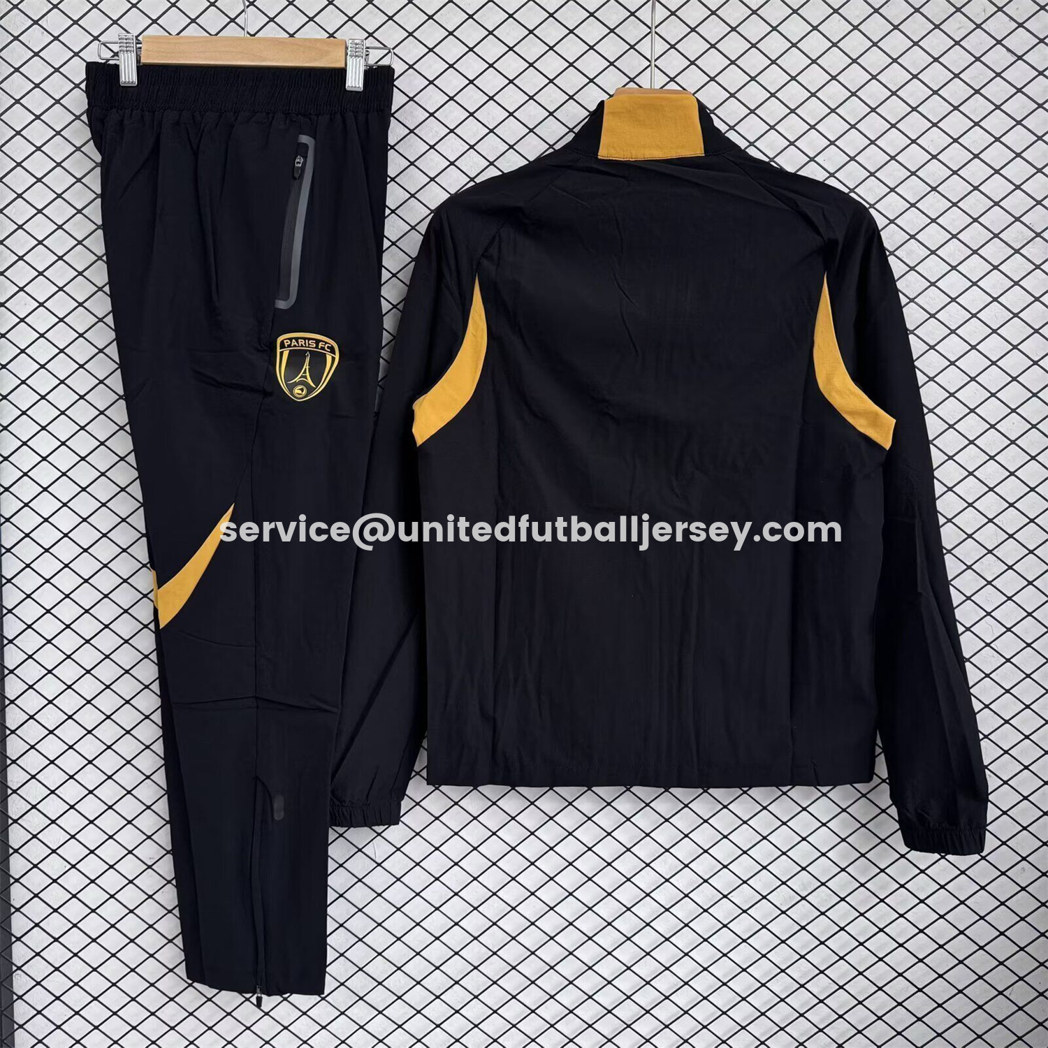 unitedfutballjersey-Paris FC 25-26 Windbreaker Training Set - Black Yellow Top and Pants