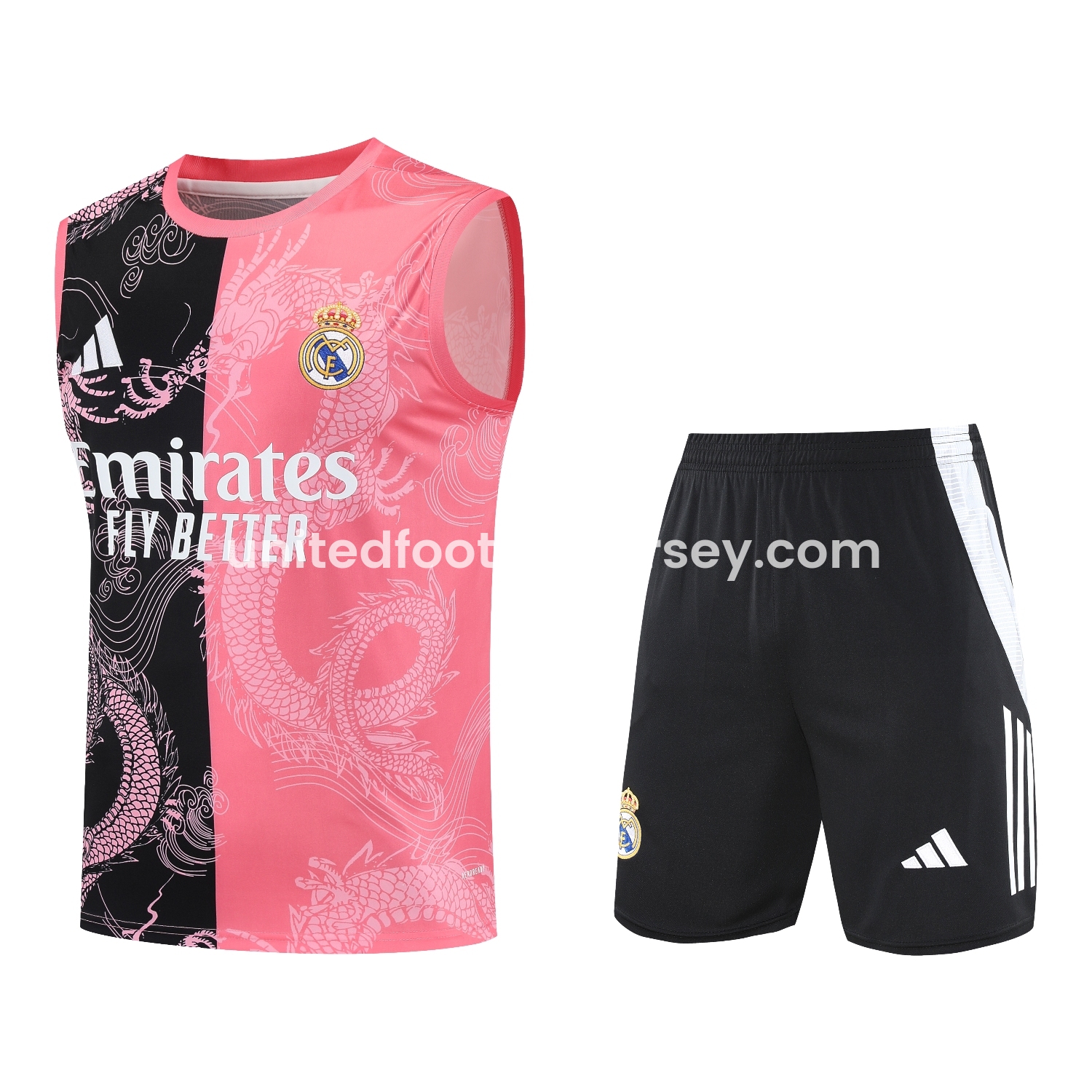 unitedfutballjersey-Real Madrid 25-26 Vest Training Set - Pink-Black Dragon Vest & Black-White Shorts