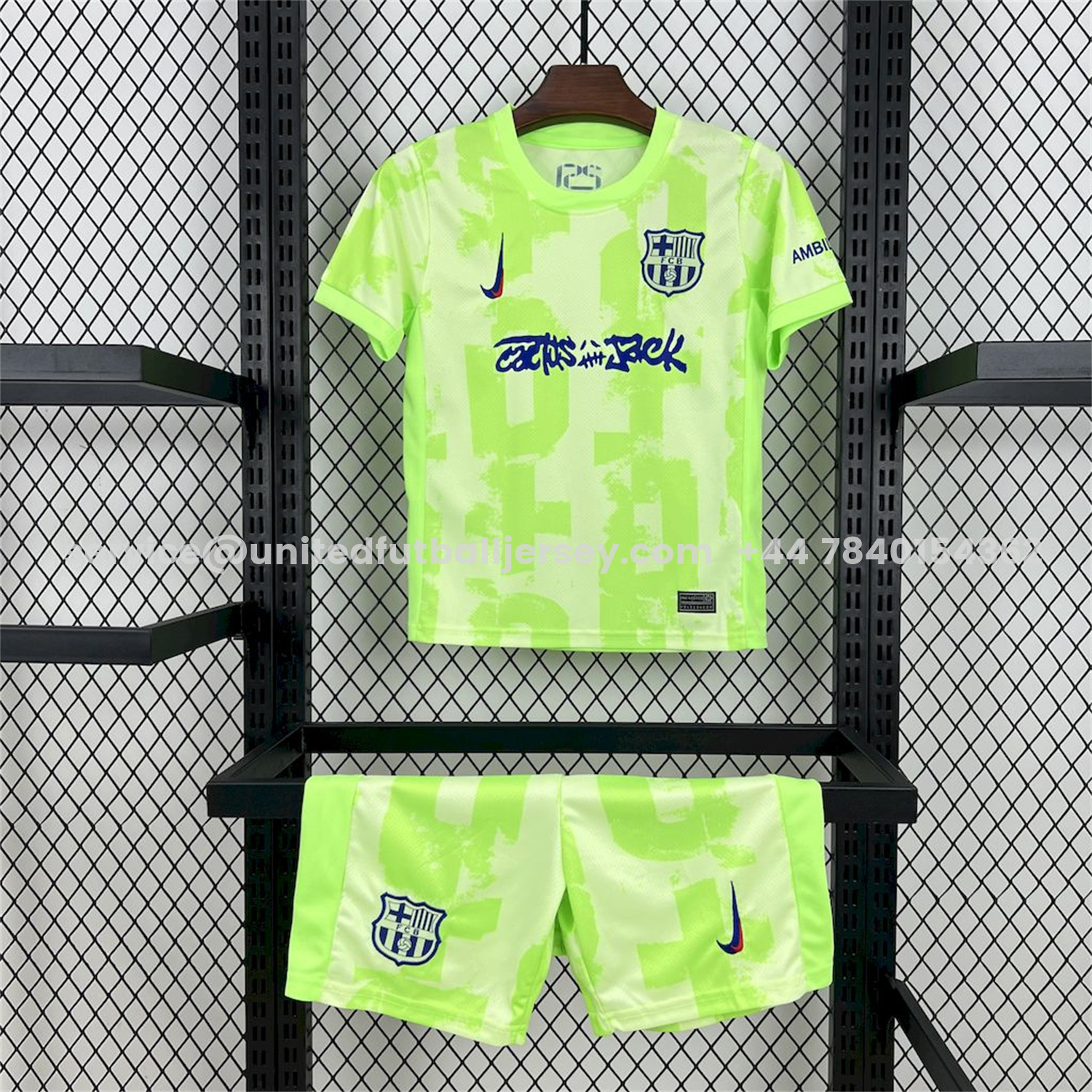 unitedfutballjersey-Barcelona x Travis Scott 24-25 Third Green Kids Kit