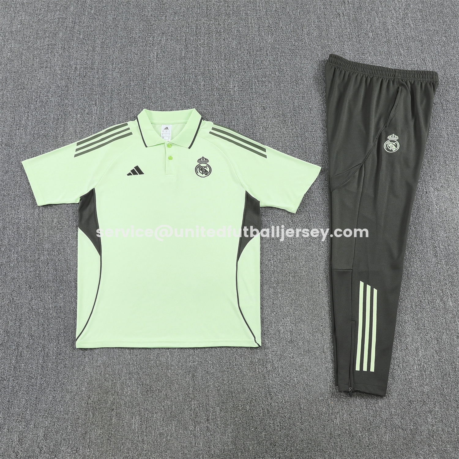 unitedfutballjersey-Real Madrid 25-26 POLO Short-Sleeve Training Set - Light Green Top and Dark Grey Pants