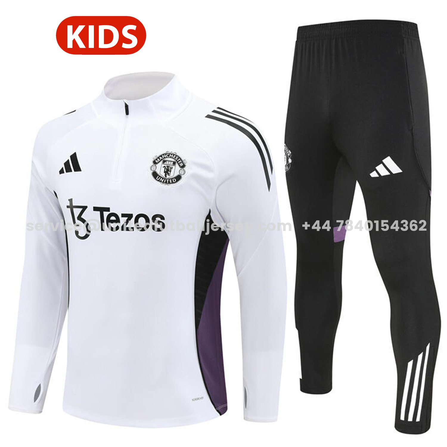 unitedfutballjersey-Manchester United 25-26 Kids Long Sleeve Training Set - White Top & Black Pants