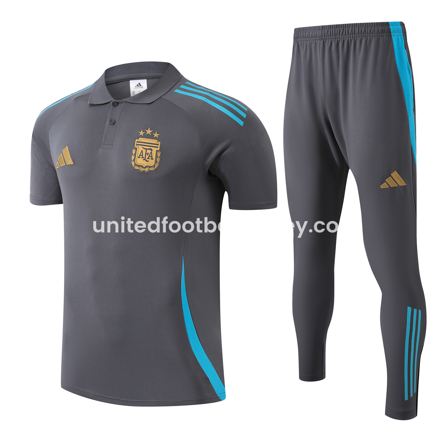 unitedfutballjersey-Argentina 25-26 POLO Short-Sleeve Training Set - Grey Top and Pants with Blue Stripes