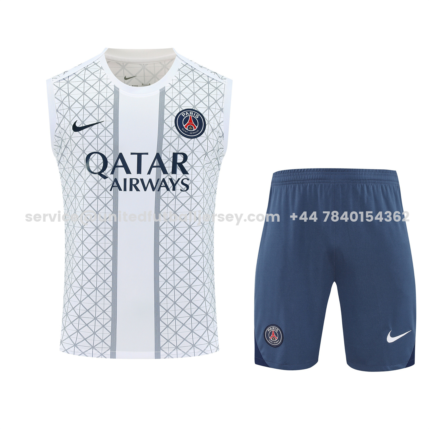 unitedfutballjersey-Paris Saint-Germain PSG 25-26 Vest Training Set - White Vest & Deep Blue Shorts