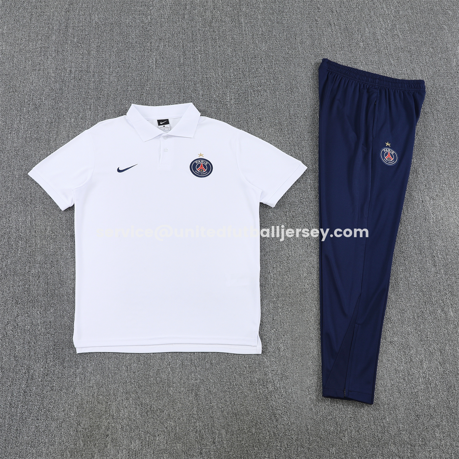 unitedfutballjersey-Paris Saint-Germain PSG 25-26 POLO Short-Sleeve Training Set - White Top and Dark Blue Pants