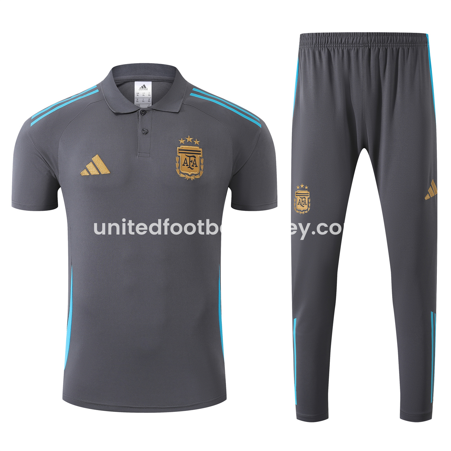 unitedfutballjersey-Argentina 25-26 POLO Short-Sleeve Training Set - Grey Top and Pants with Blue Stripes