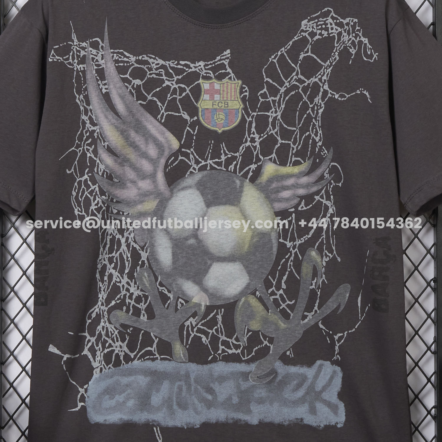 unitedfutballjersey-Barcelona x Travis Scott 24-25 Football Eagle Pattern Dark Grey T-shirt