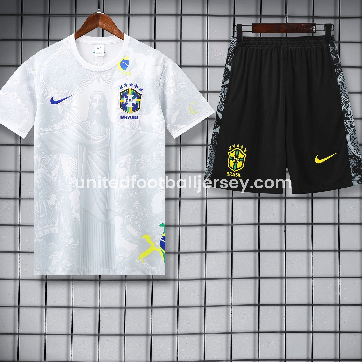 unitedfutballjersey-Brazil 25-26 White Jesus Statue Short-Sleeve Training Set - White Top & Black Shorts