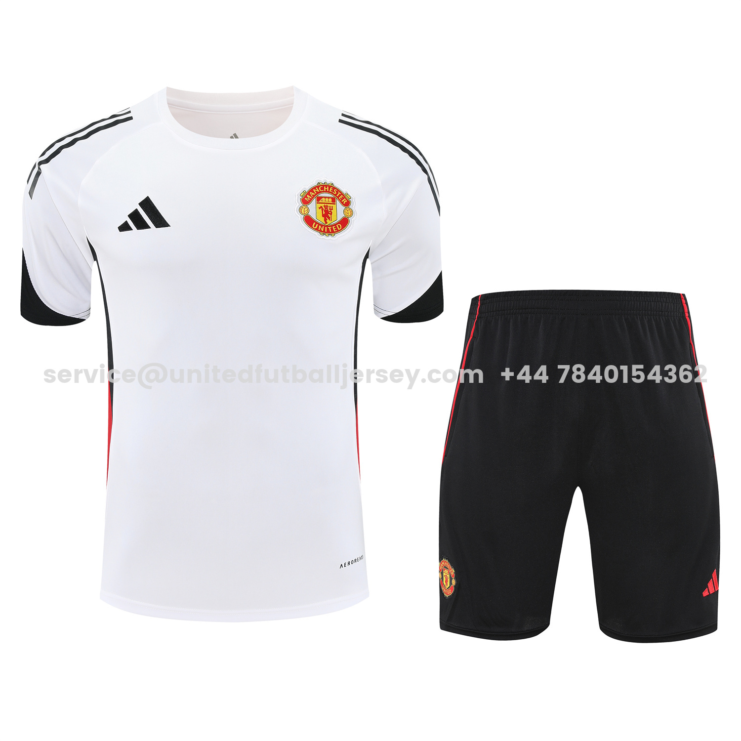 unitedfutballjersey-Manchester United 25-26 Short-Sleeve Training Set - Red Black Blocks White Top & Black Shorts