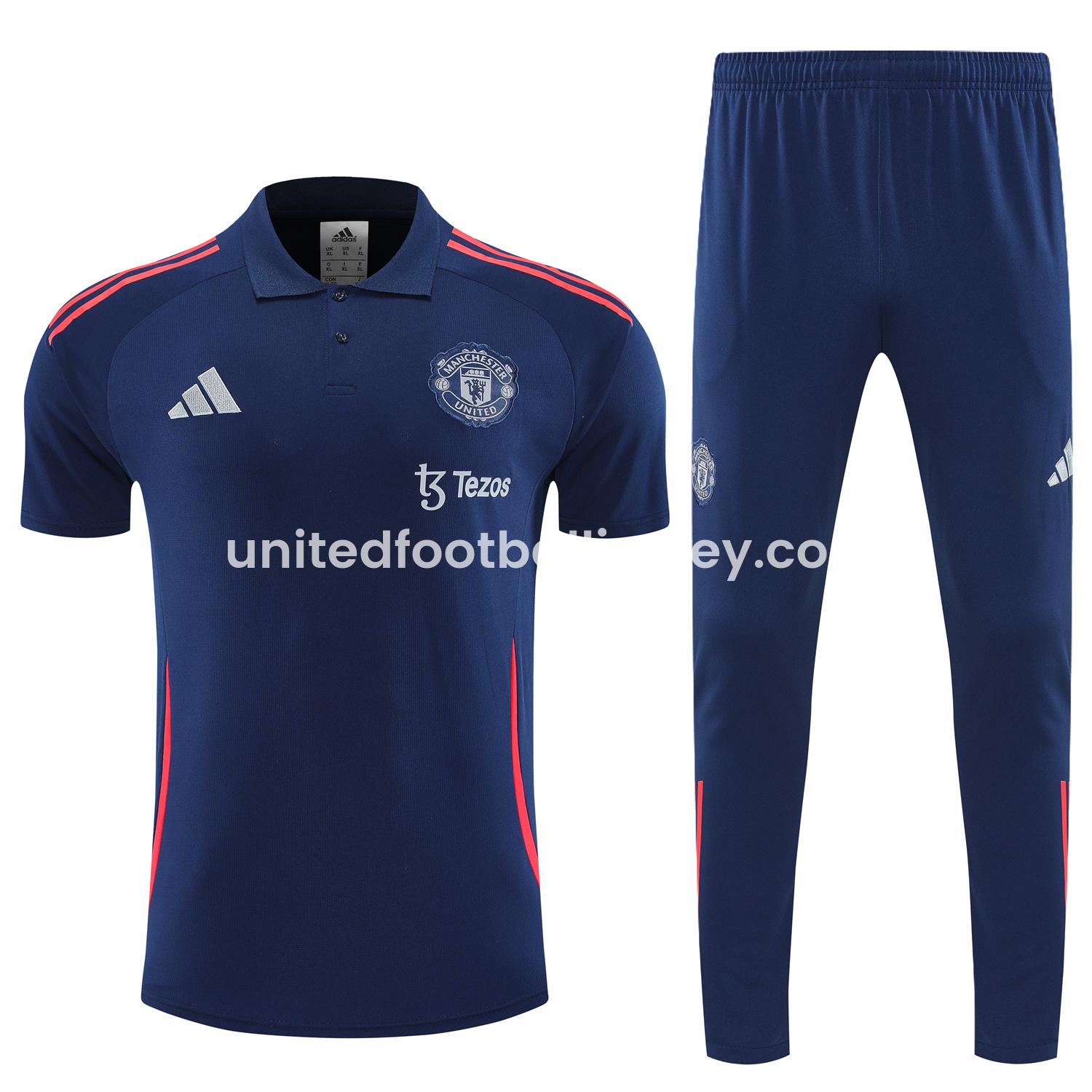 unitedfutballjersey-Manchester United 25-26 POLO Short-Sleeve Training Set - Deep Blue Top and Pants with Red Stripes