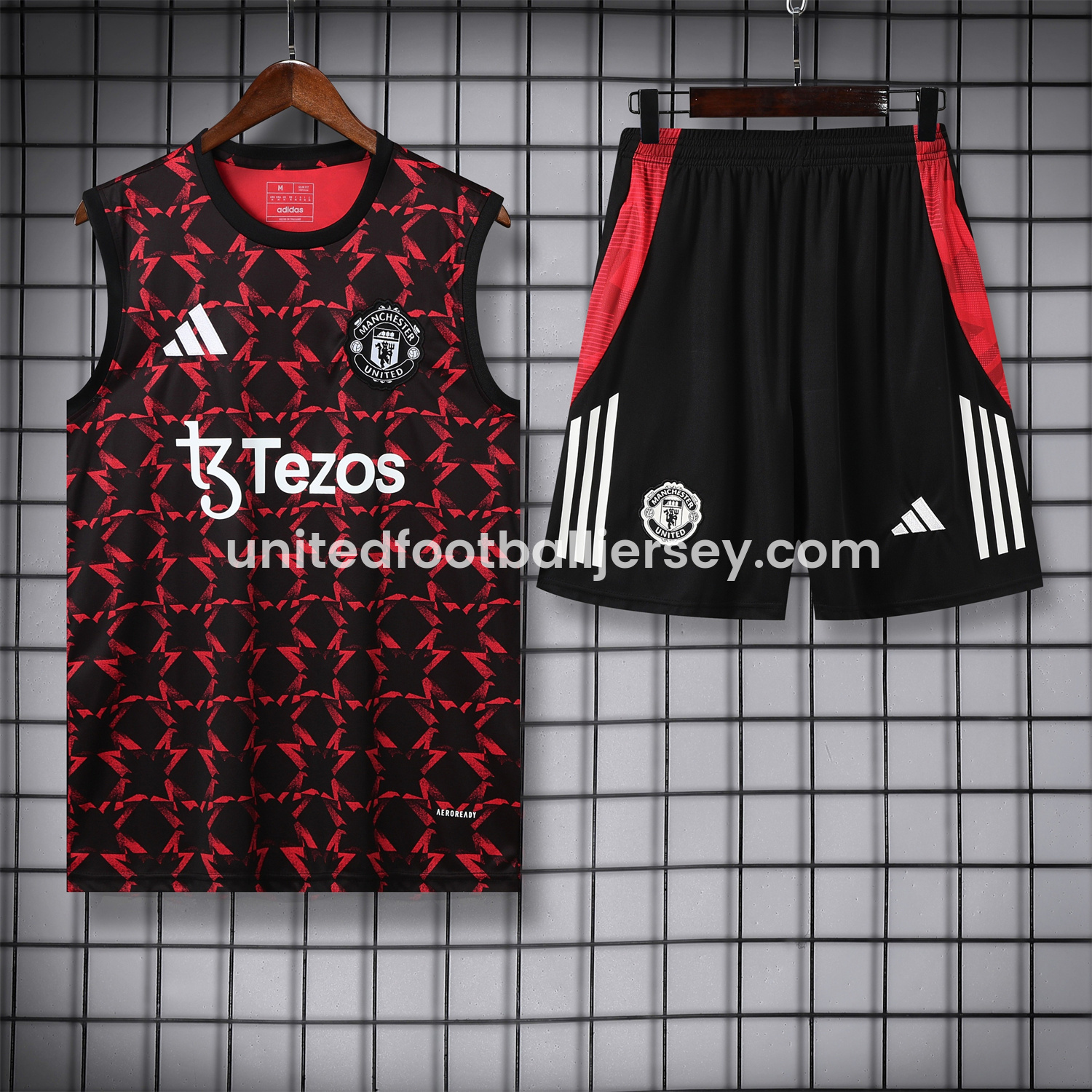 unitedfutballjersey-Manchester United 25-26 Pre-Match Vest Training Set - Red Top & Black Shorts