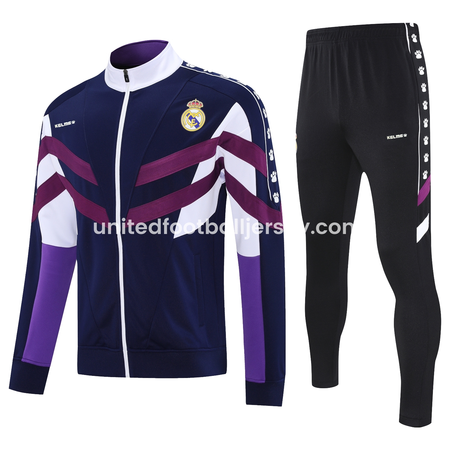 unitedfutballjersey-Real Madrid 25-26 Throwback Jacket Training Tracksuit - Deep Blue and Purple Jackets & Black Pants