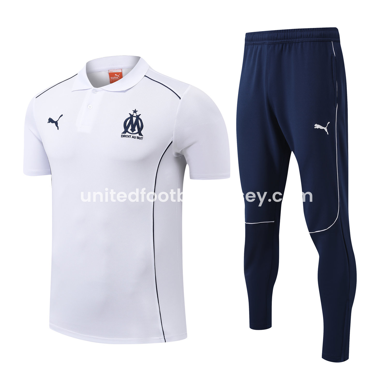 unitedfutballjersey-Marseille 25-26 POLO Short-Sleeve Training Set - White Top and Deep Blue Pants