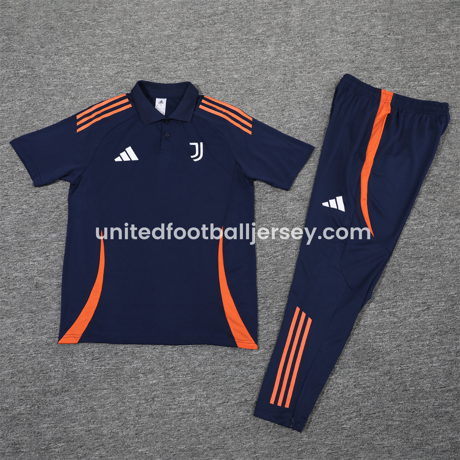 unitedfutballjersey-Juventus 25-26 POLO Short-Sleeve Training Set - Deep Blue Top and Pants with Orange Stripes