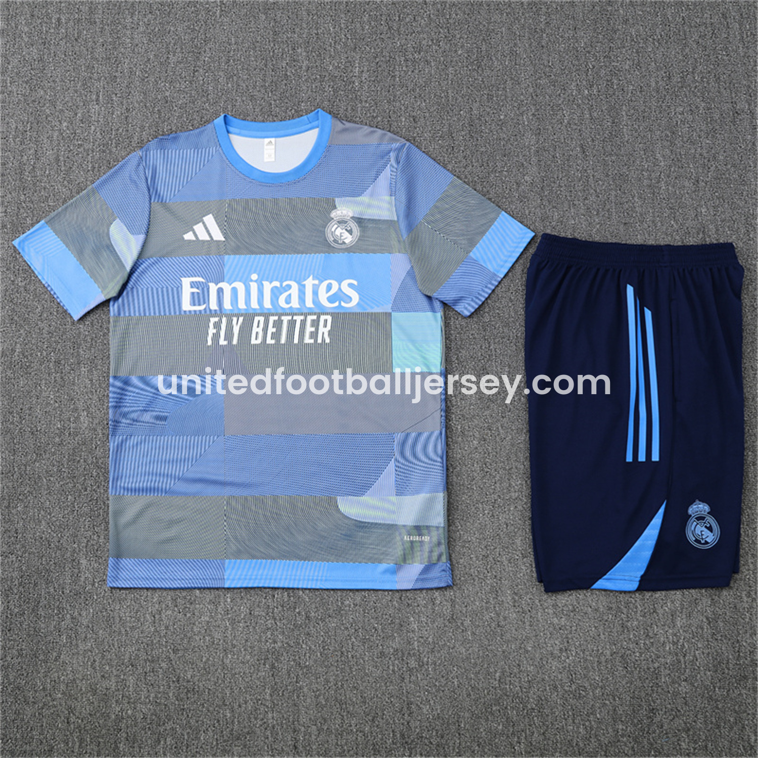 unitedfutballjersey-Real Madrid 25-26 Pre-Match Kids Short-Sleeve Training Set - Blue-Gray Camouflage Top and Blue Shorts