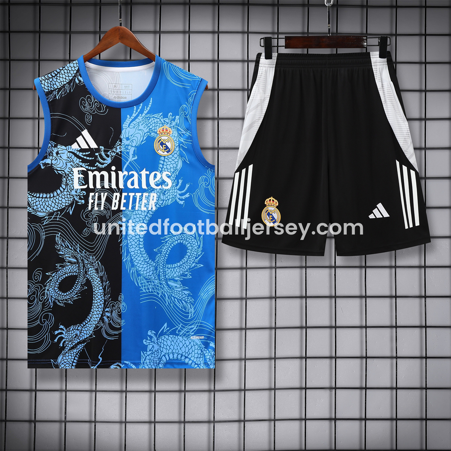 unitedfutballjersey-Real Madrid 25-26 Vest Training Set - Blue Black Dragon Vest & Black-White Shorts