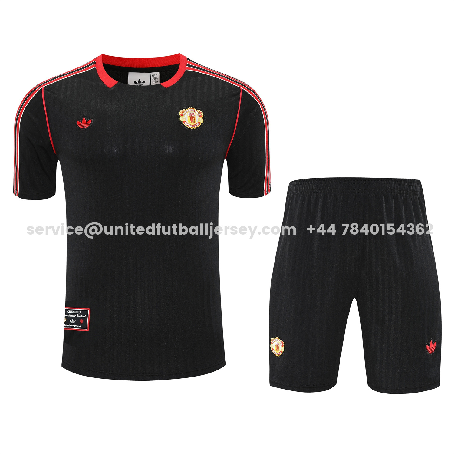 unitedfutballjersey-Manchester United 25-26 Short-Sleeve Training Set - Red Lines Black Top & Black Shorts