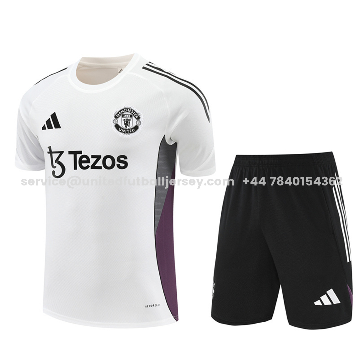 unitedfutballjersey-Manchester United 25-26 Short-Sleeve Training Set - White Purple Top & Black Shorts