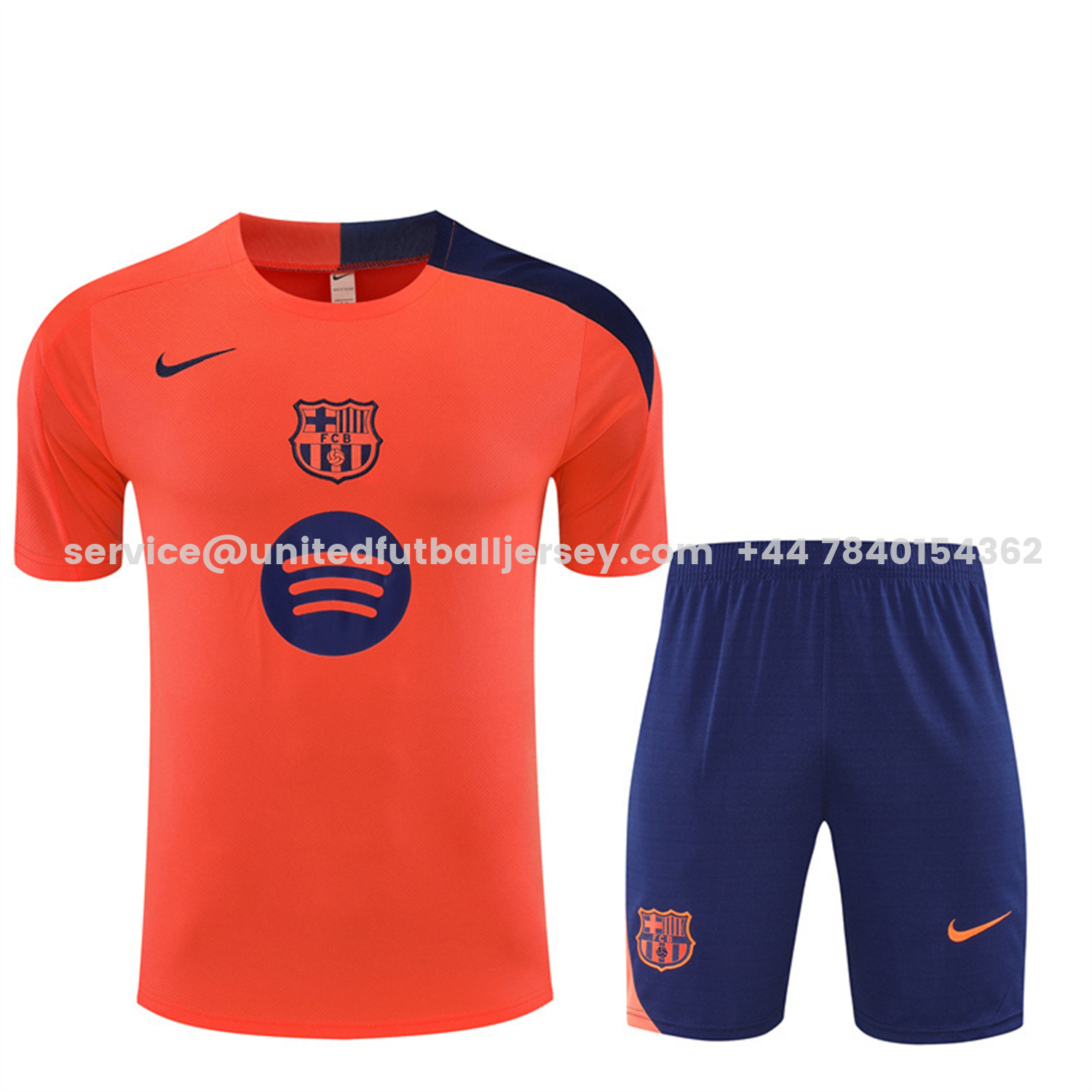 unitedfutballjersey-Barcelona 25-26 Short-Sleeve Training Set - Orange Top Royal Blue Sponsor& Royal Blue Shorts