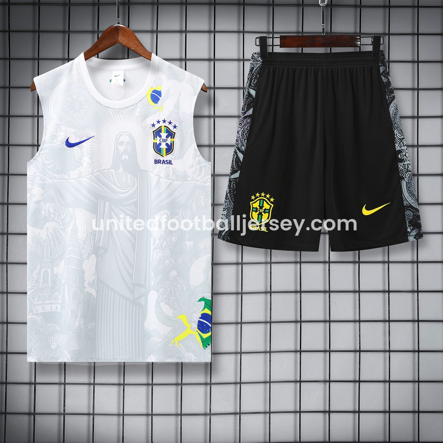 unitedfutballjersey-Brazil 25-26 White Jesus Statue Vest Training Set - White Vest & Black Shorts