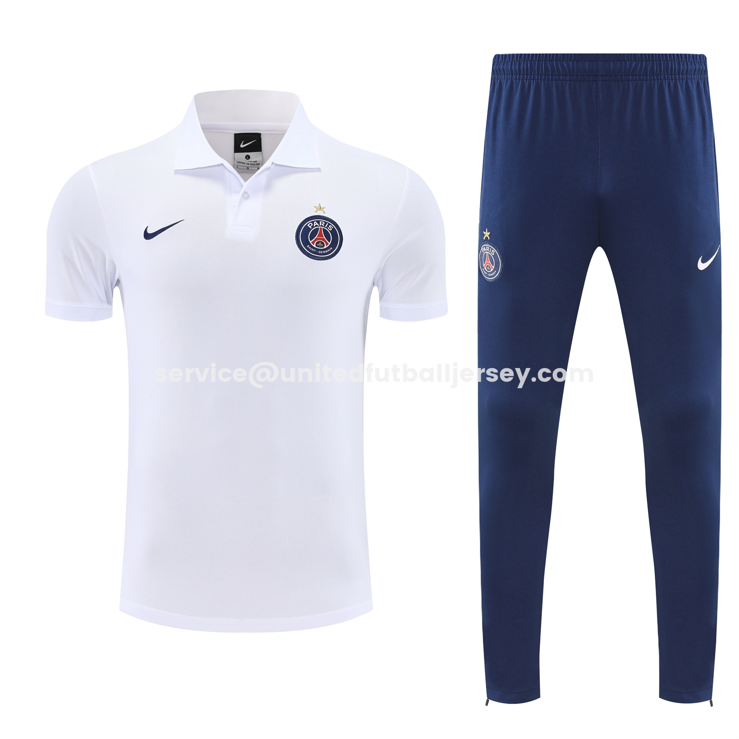 unitedfutballjersey-Paris Saint-Germain PSG 25-26 POLO Short-Sleeve Training Set - White Top and Dark Blue Pants