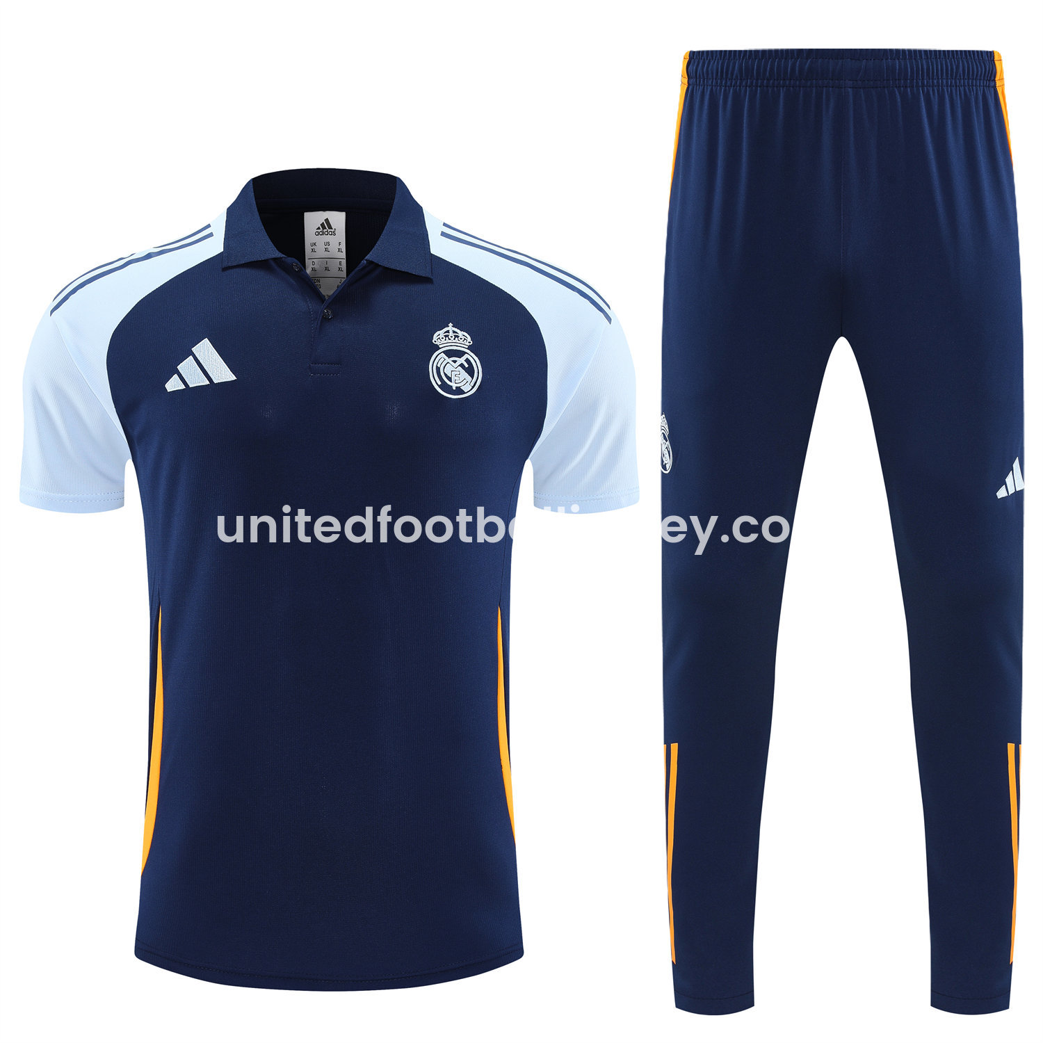 unitedfutballjersey-Real Madrid 25-26 POLO Short-Sleeve Training Set - Deep Blue Top and Pants with Yellow Stripes
