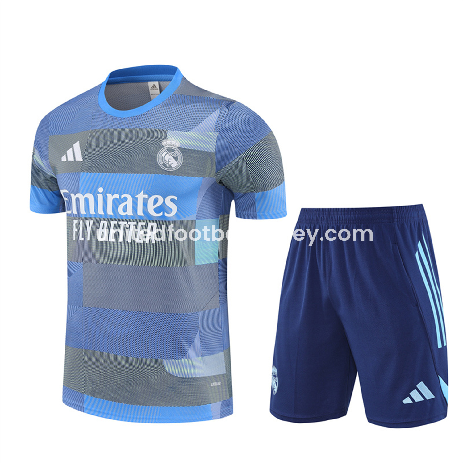 unitedfutballjersey-Real Madrid 25-26 Pre-Match Short-Sleeve Training Set - Blue-Gray Camouflage Top and Blue Shorts