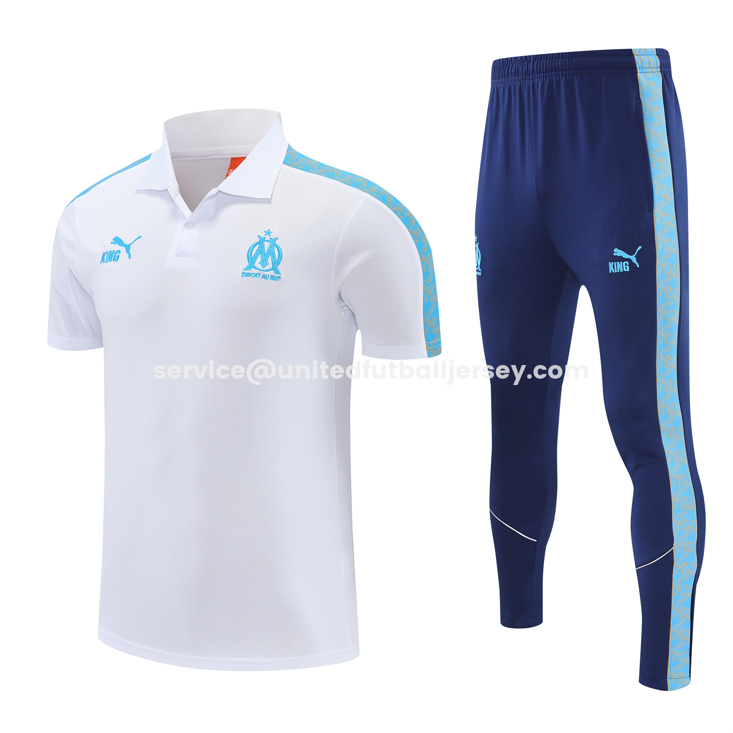 unitedfutballjersey-Marseille 25-26 POLO Short-Sleeve Training Set - White Top and Dark Blue Pants