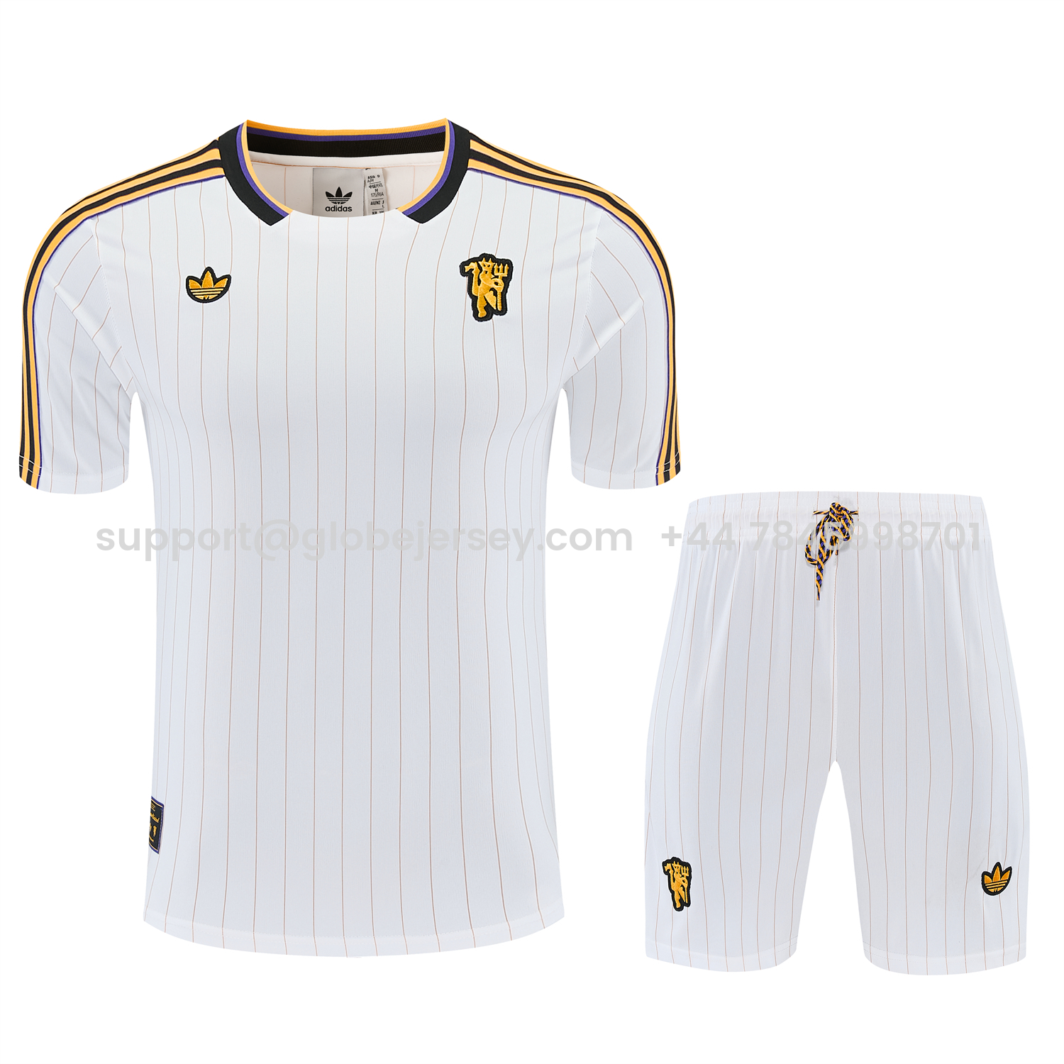 GlobeJersey-Manchester United 25-26 Retro Style Short-Sleeve Training Set - White With Thin Black Stripes Top & Pants