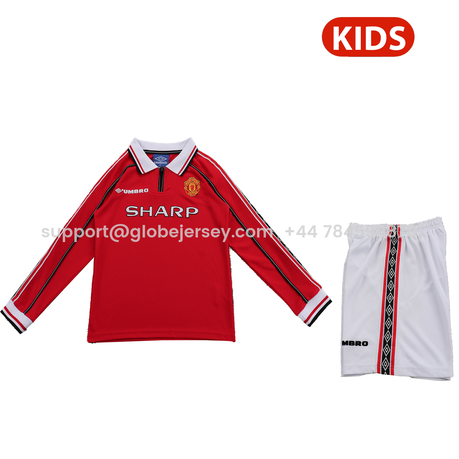 GlobeJersey-Retro Manchester United 1998-99 Home Long Sleeves Kids Kit