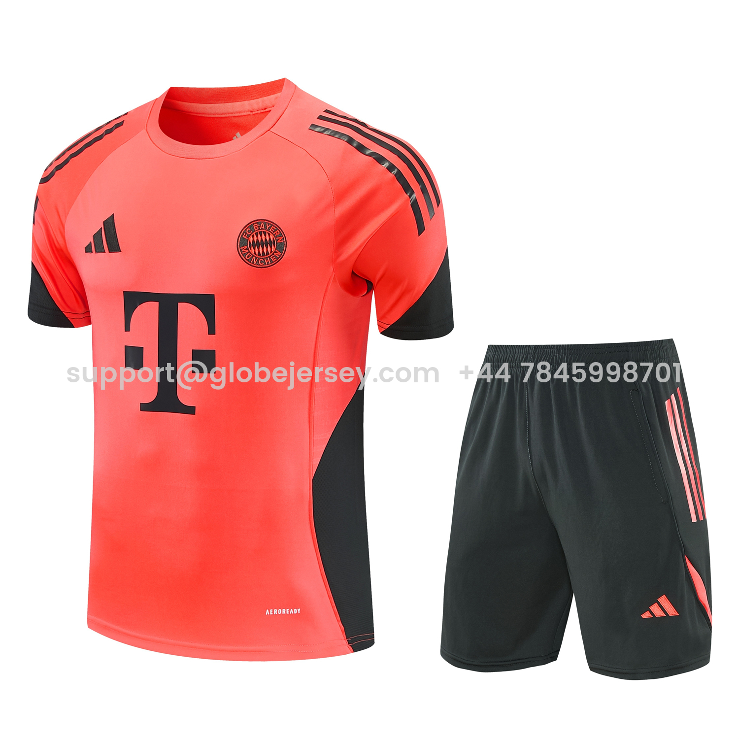 GlobeJersey-Bayern Munich 25-26 Short-Sleeve Training Set - Coral With Black Accents Top & Black With Coral Accents Pants