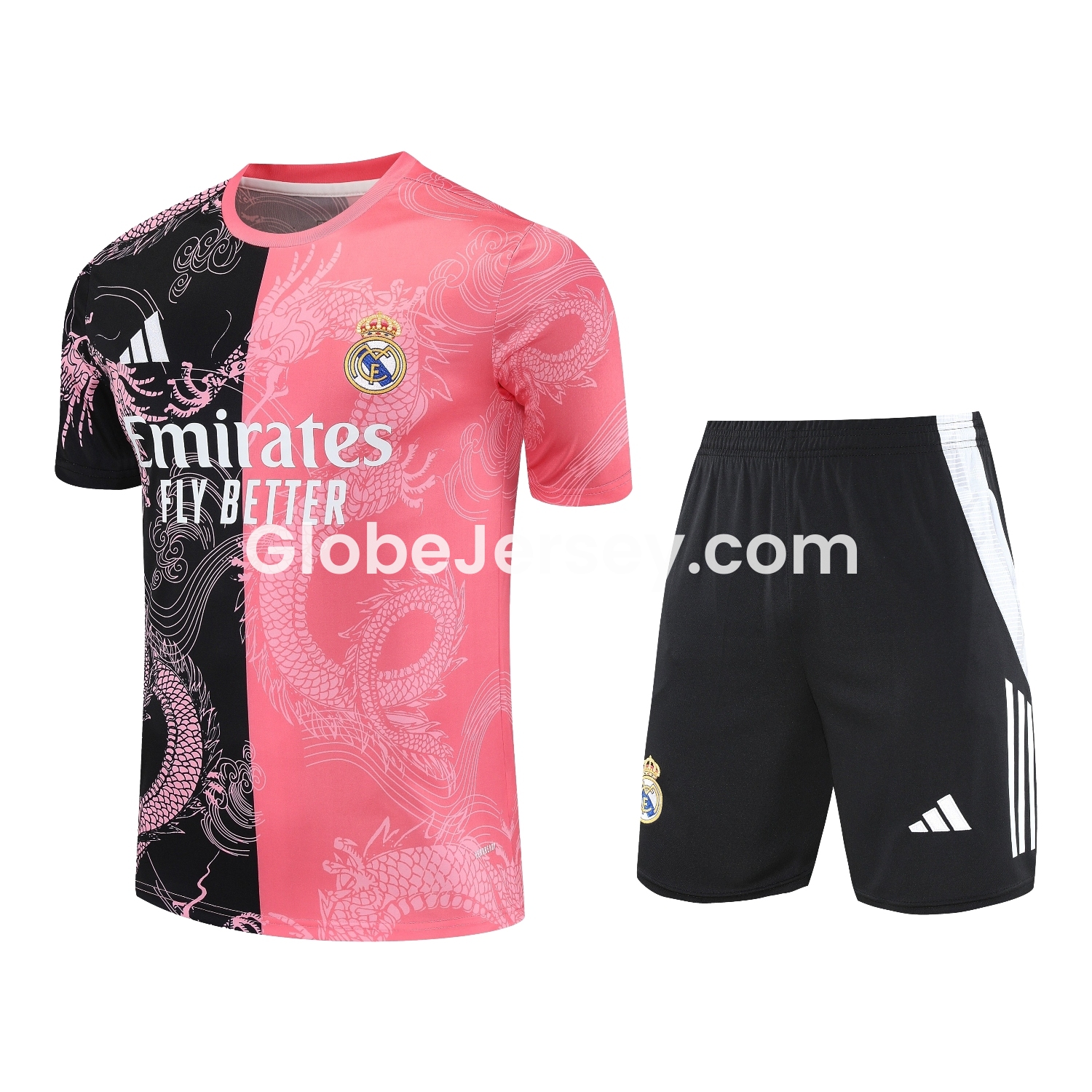 GlobeJersey-Real Madrid 25-26 Short-Sleeve Training Set - Pink-Black Dragon Top & Black-White Shorts