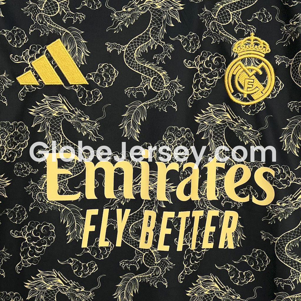 GlobeJersey-Real Madrid 25-26 Golden Chinese Dragon Pattern Black Jersey - Fans Version