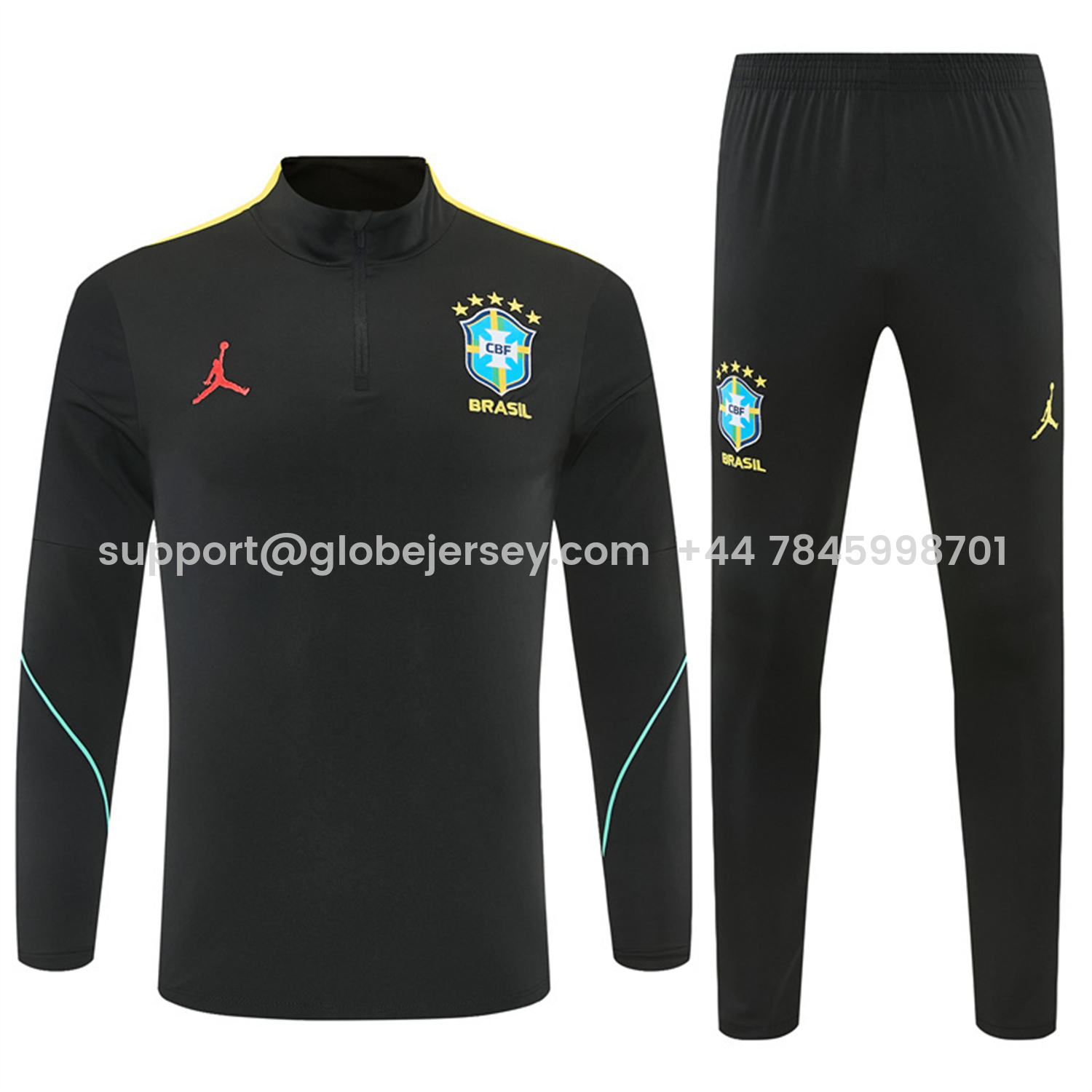 GlobeJersey-Brazil X JD 2026 Kids Long Sleeves Training Set - Black Top And Black Yellow Pants
