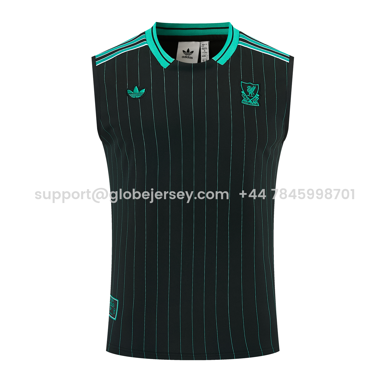 GlobeJersey-Liver.pool 25-26 Retro Style Vest Training Set - Black With Turquoise Stripes Top & Pants