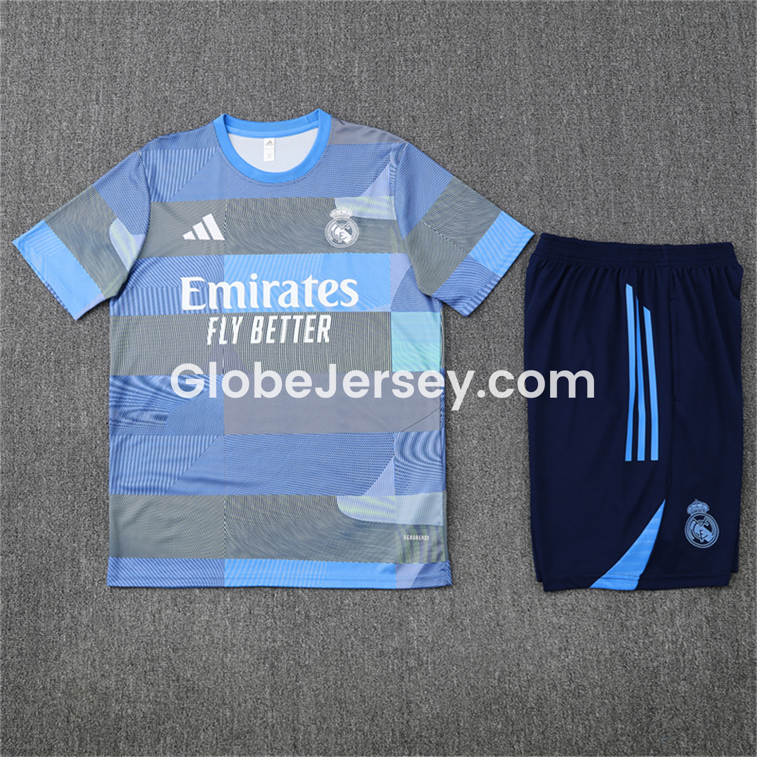 GlobeJersey-Real Madrid 25-26 Pre-Match Short-Sleeve Training Set - Blue-Gray Camouflage Top and Blue Shorts