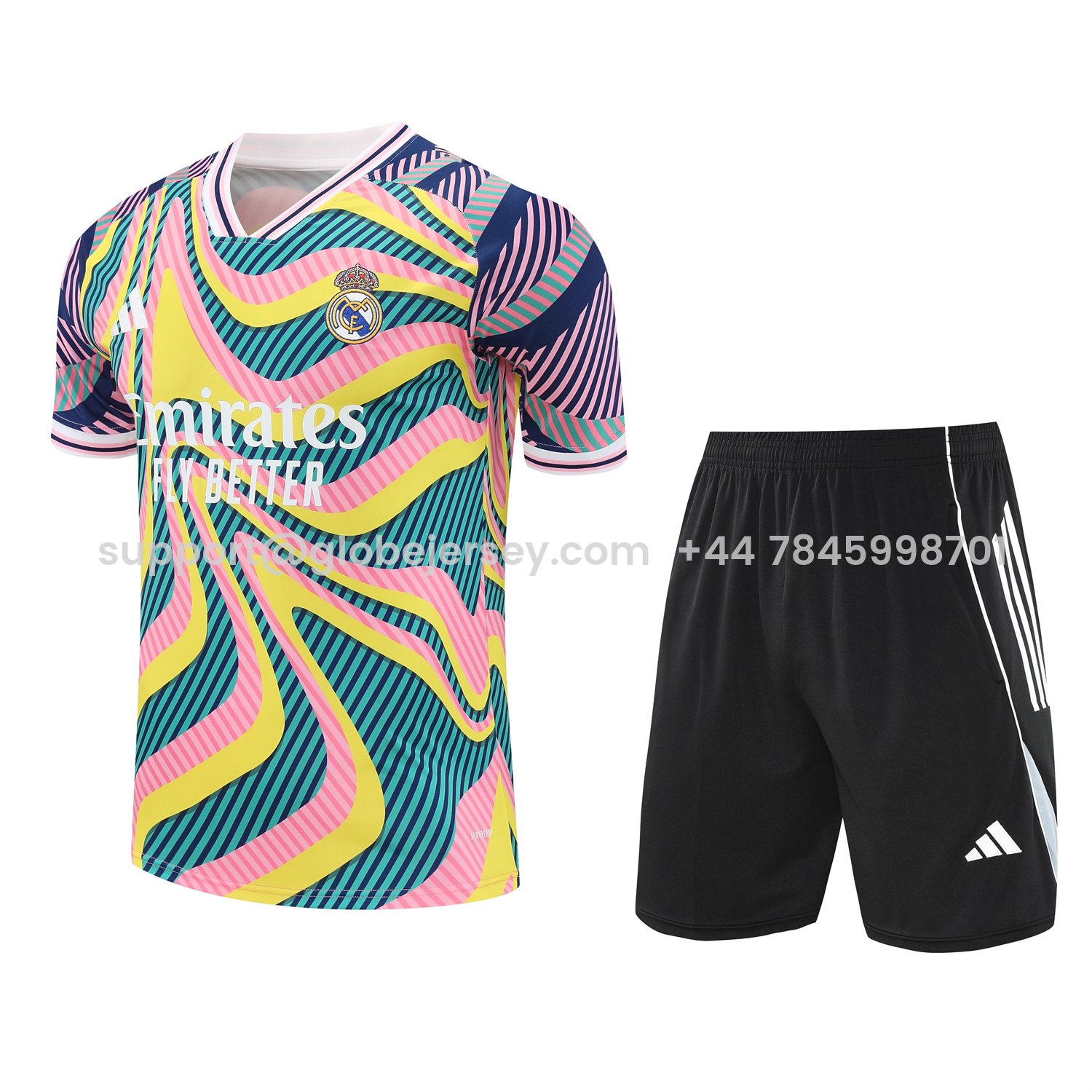 GlobeJersey-Real Madrid 25-26 Short-Sleeve Training Set - Colorful Curve Pattern Top & Black Shorts