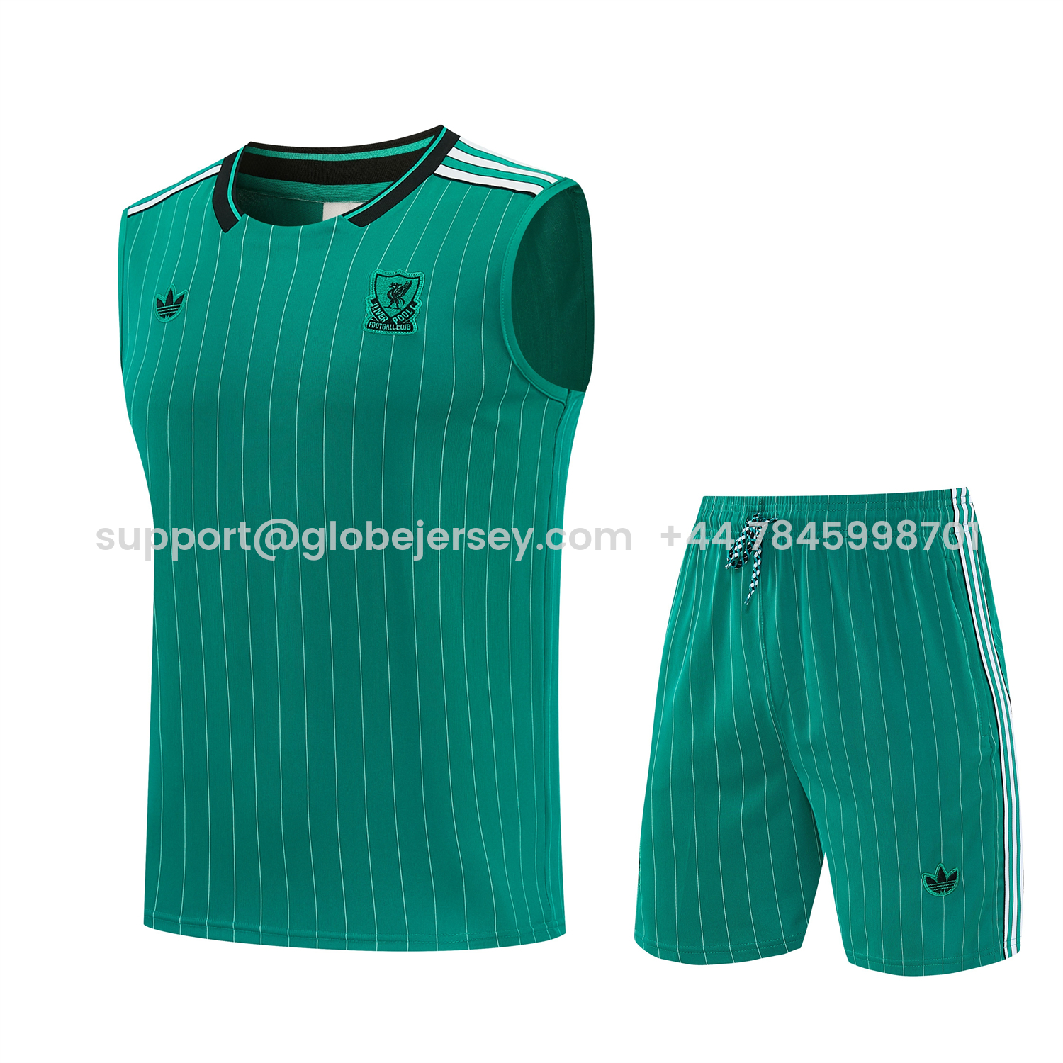 GlobeJersey-Liver.pool 25-26 Retro Style Vest Training Set - Green With White Stripes Top & Pants