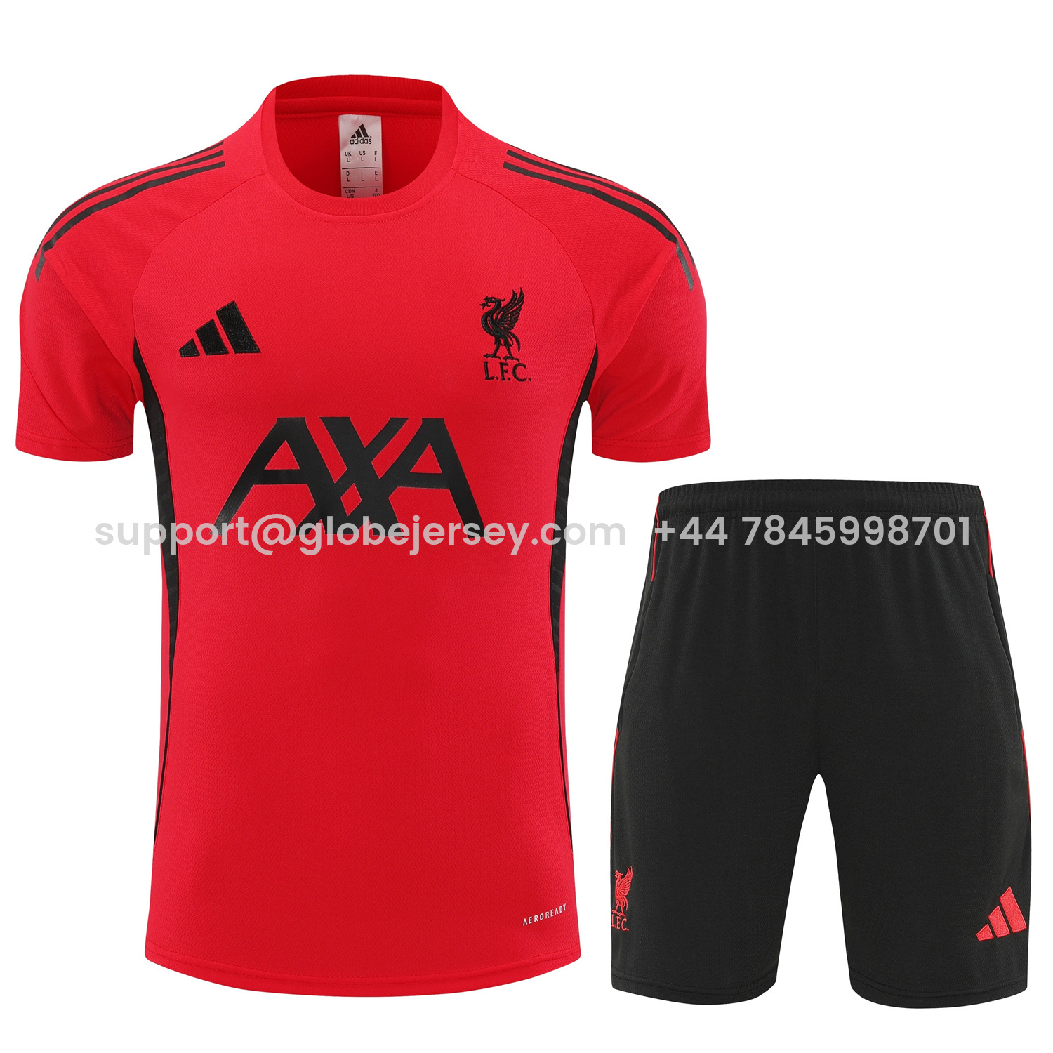 GlobeJersey-Liver.pool 25-26 Short-Sleeve Training Set - Red With Black Top & Black Shorts