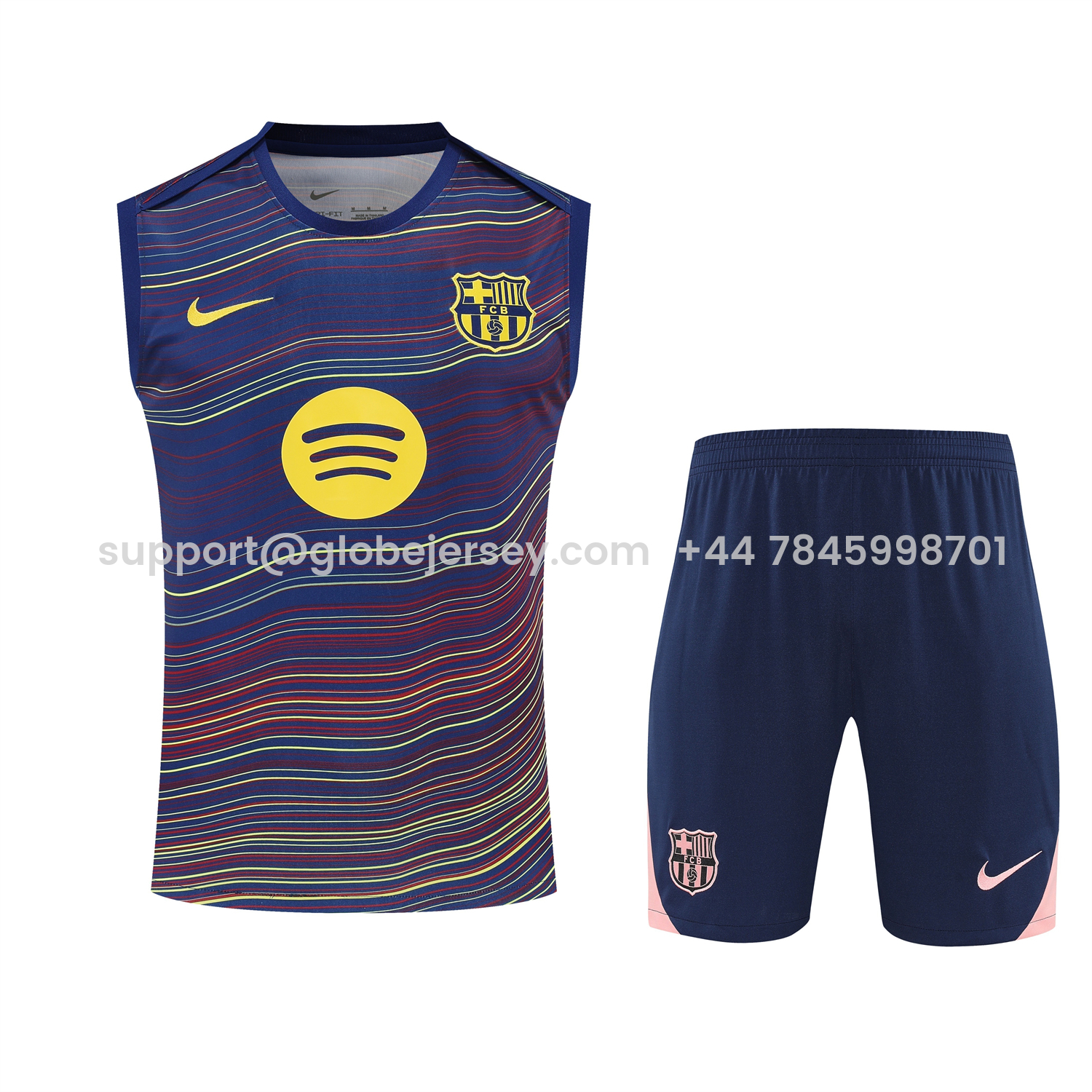 GlobeJersey-Barcelona 25-26 Short-Sleeve Training Set - Colors Top & Dark Blue With Pink Accents Pants