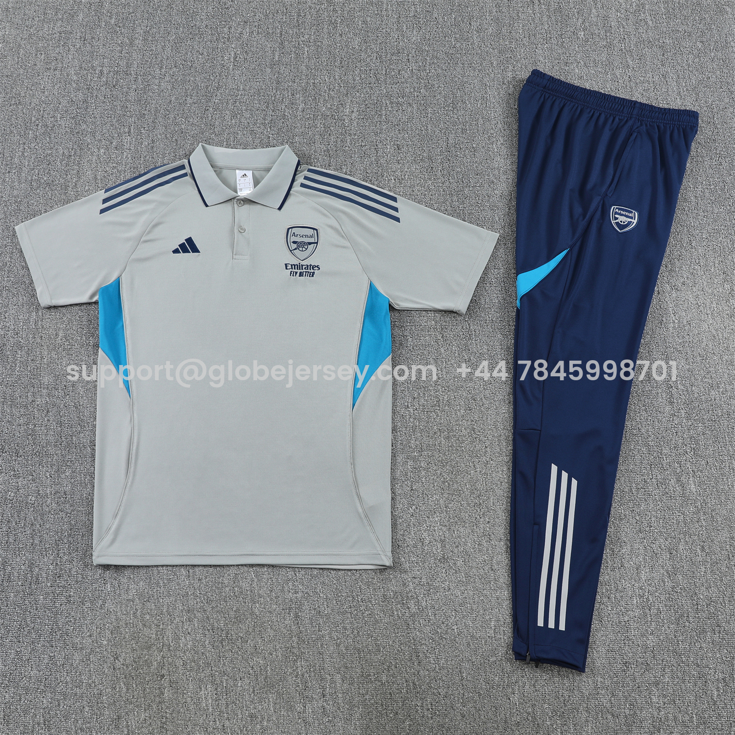 GlobeJersey-Arsenal 25-26 POLO Short-Sleeve Training Set - Grey Top and Deep Blue Pants