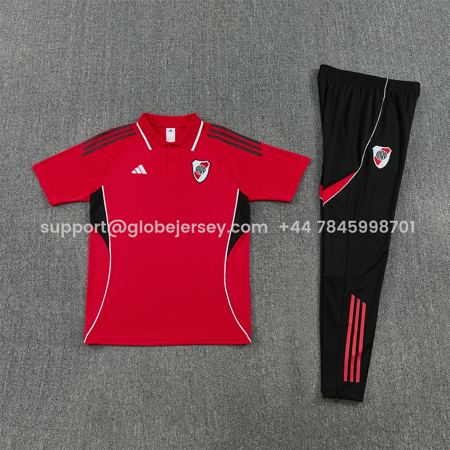 GlobeJersey-River Plate 25-26 POLO Short-Sleeve Training Set - Red Top and Black Pants