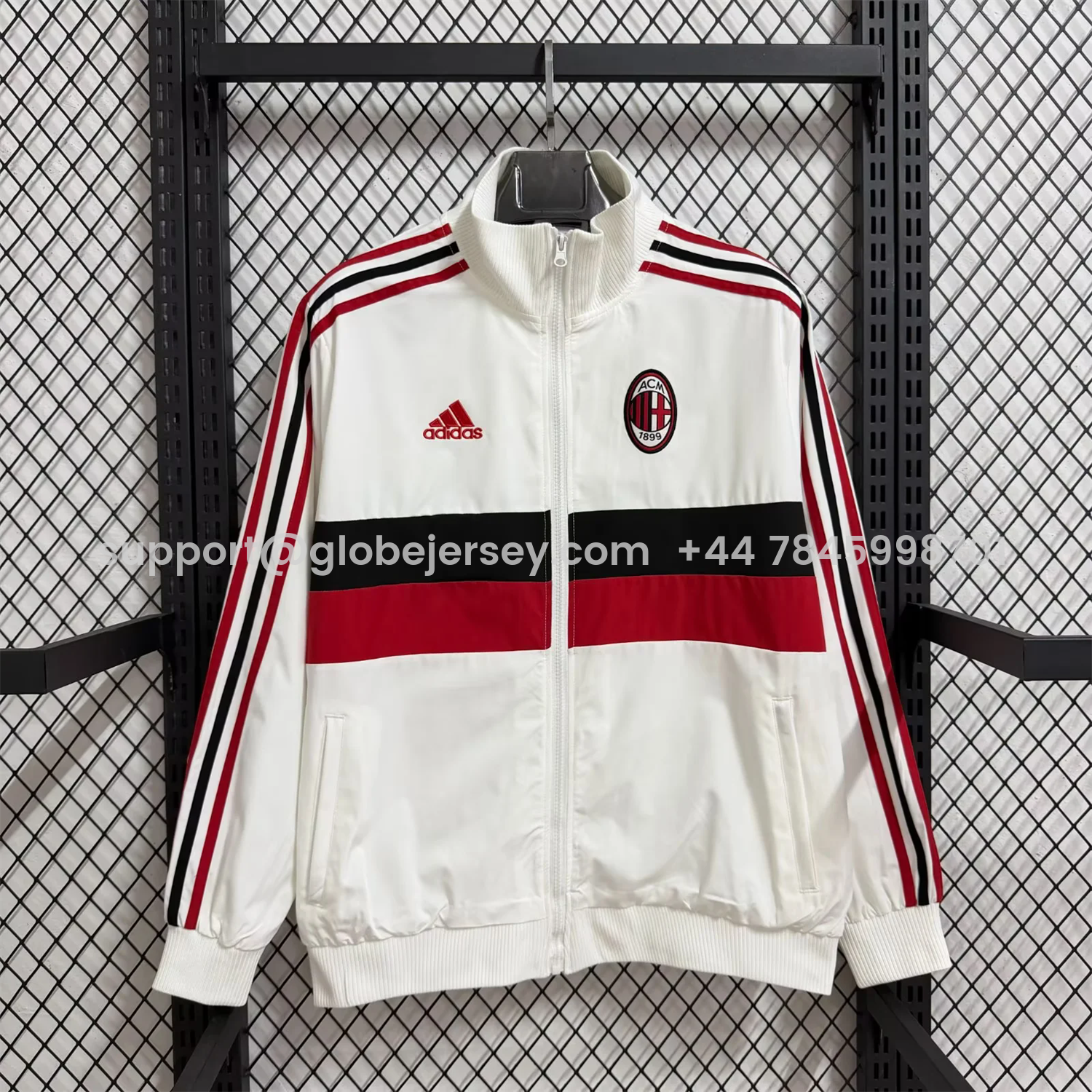 GlobeJersey-AC Milan 25-26 Windbreaker Jacket - Red Black Horizontal Stripes And White