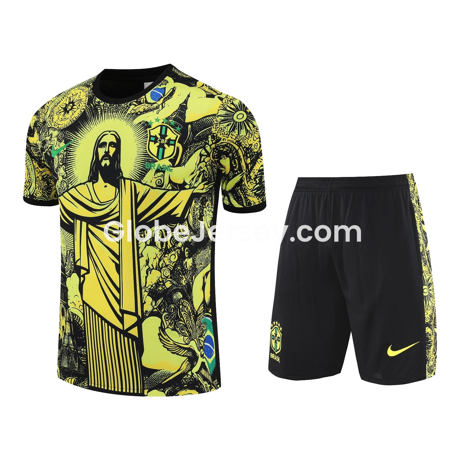 GlobeJersey-Brazil 25-26 Yellow Jesus Statue Short-Sleeve Training Set - Yellow Top & Black Shorts