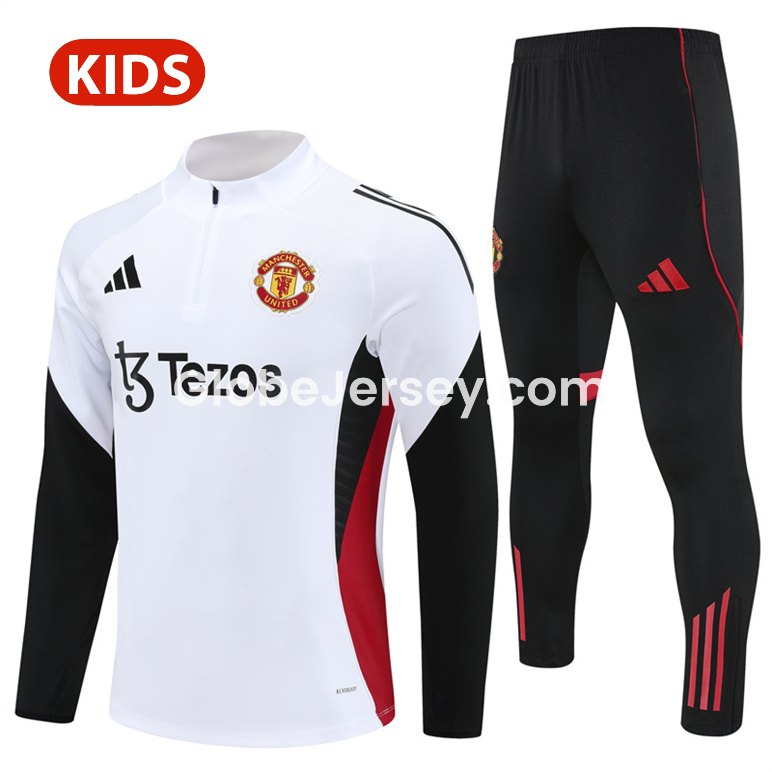GlobeJersey-Manchester United 25-26 Kid Long Sleeves Training Set - White Top & Black Pants