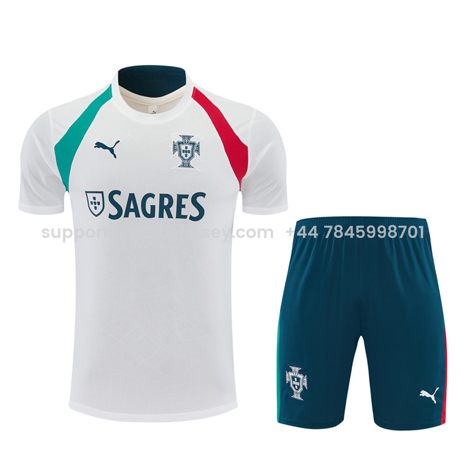 GlobeJersey-Portugal 2026 Short-Sleeve Training Set - White With Red And Green Accents Top & Dark Blue With A Red Stripe Pants