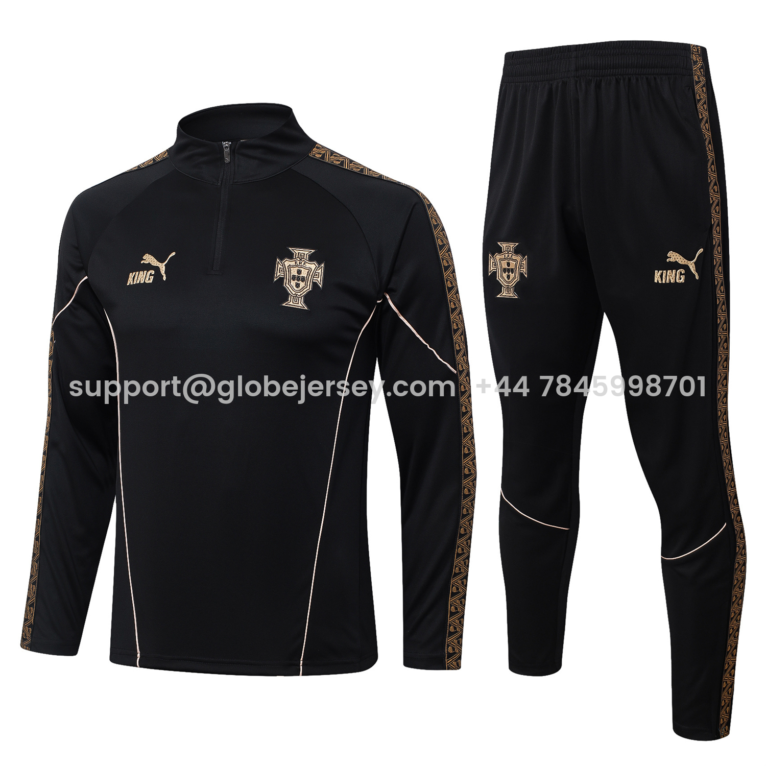 GlobeJersey-Portugal 2026 Long Sleeve Training Set - Gold Lines Black Top & Pants