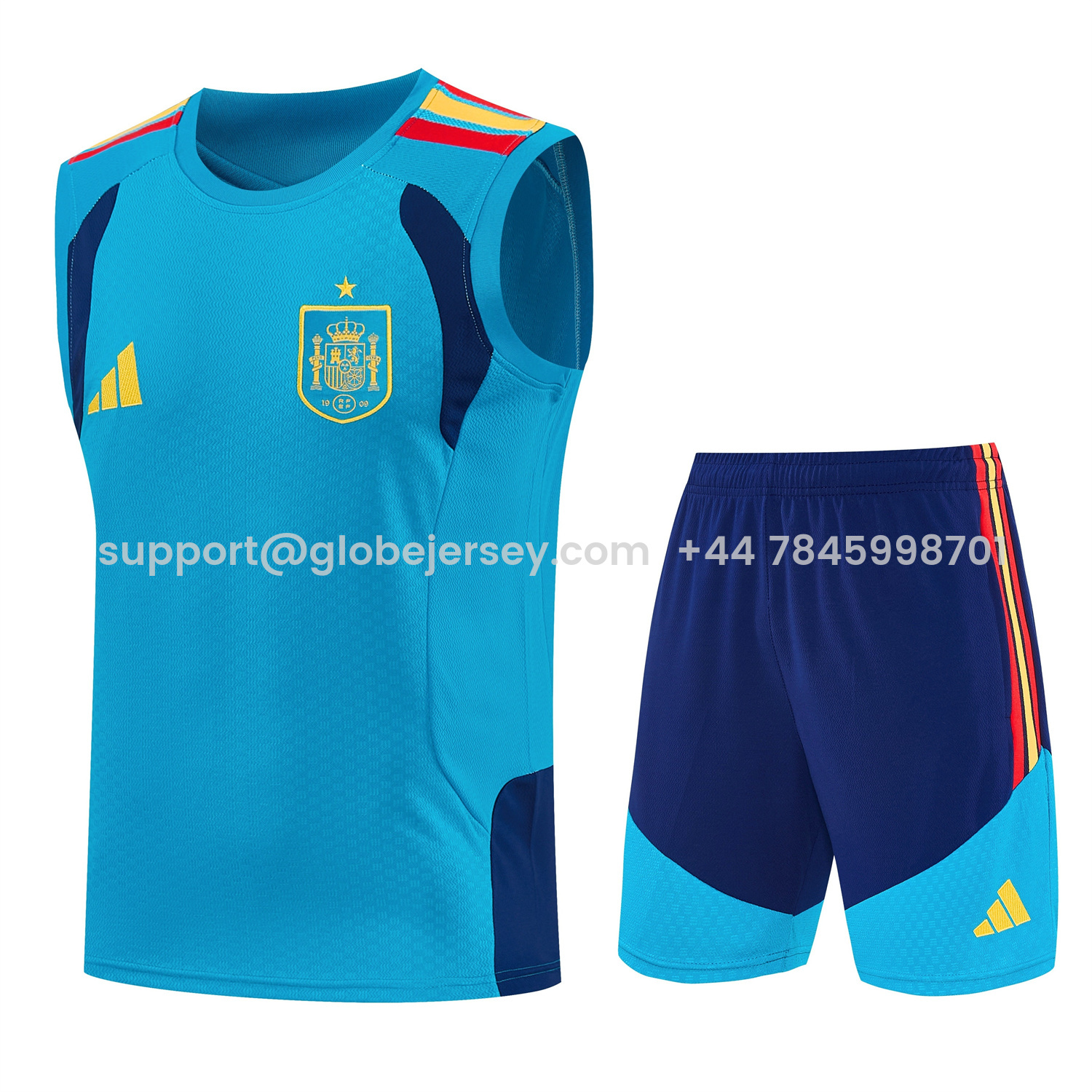 GlobeJersey-Spain 2026 Vest Training Set - Lake Blue Vest and Dark Blue Shorts